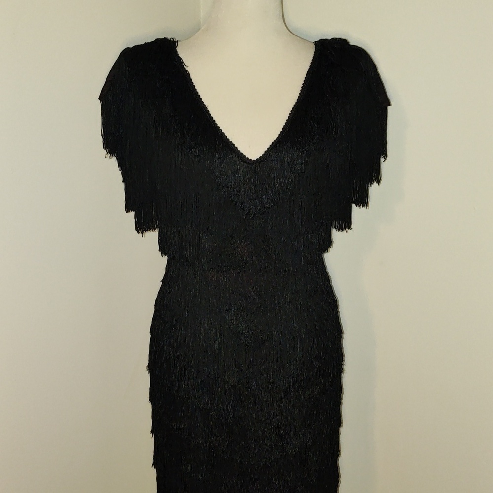 VTG 80s/70s TD4 fringe Black Mini dress Fully lined size small 7/8  20s style
